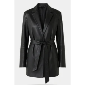 Women Black Leather Lapel Style Collar Belted Coat