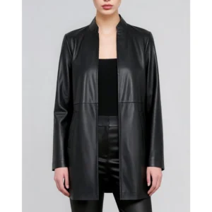 Women Classic Open Style Black Leather Coat