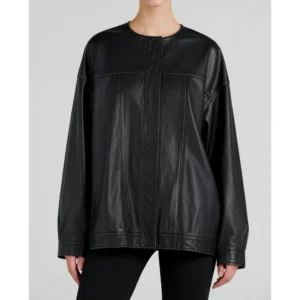 Women Collarless Black Leather Oversized Jacket