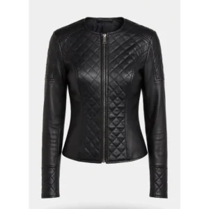 Women Collarless Quilted Black Leather Jacket