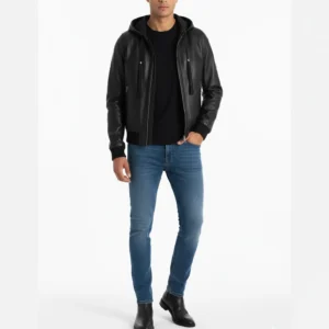 Buy Mens Black Hooded Collar Leather Bomber Jacket