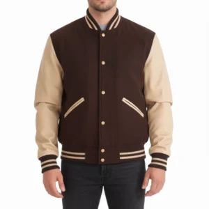 Mens Brown and Beige Varsity Jacket