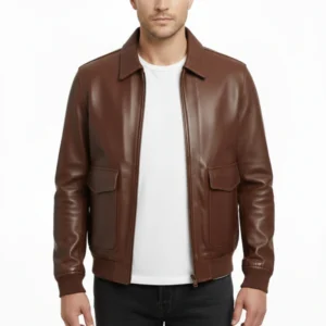 Mens Shirt Collar Brown Bomber Leather Jacket