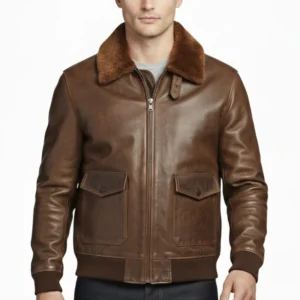 Mens Shirt Style Fur Collar Brown Bomber Leather Jacket